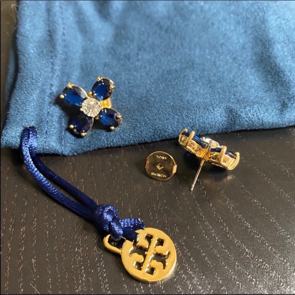 NWOT Tory Burch Blue Crystal Floral Earrings - Picture 2 of 4